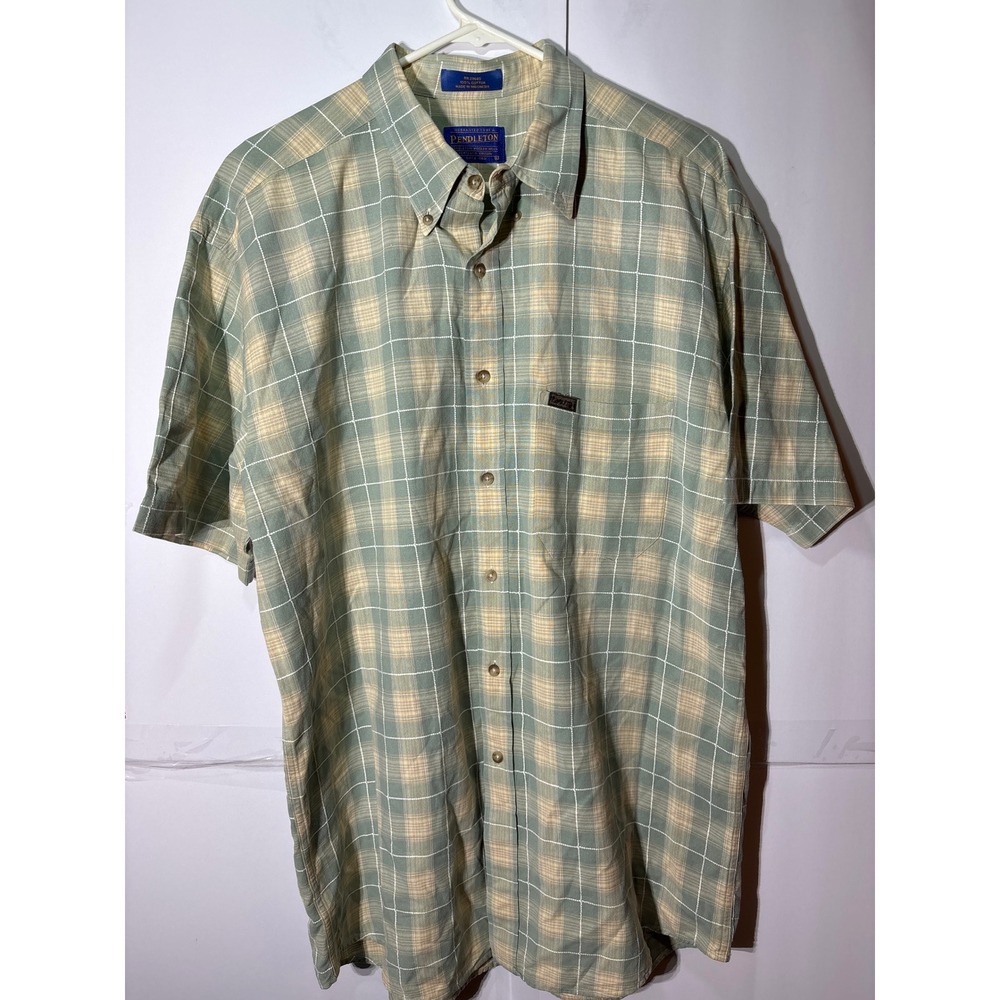 Pendleton Men's Short Sleeve Plaid Button Down Shirt Green Beige Cotton L Casual